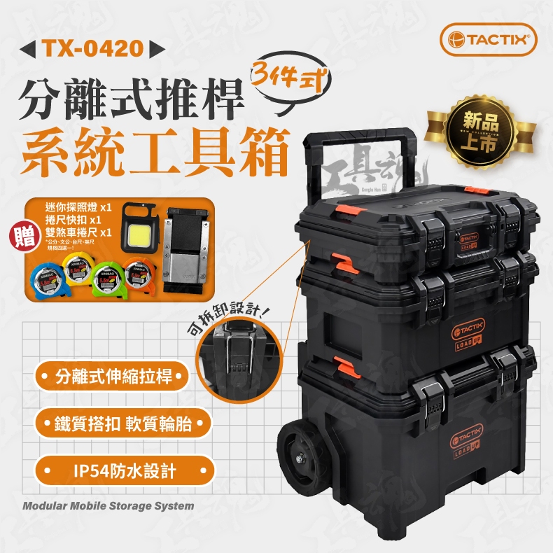 免運 TACTIX TX-0420 分離式推桿 系統工具箱 三件式 可堆疊 工具車 手推車 工具推車 五金收納 收納箱