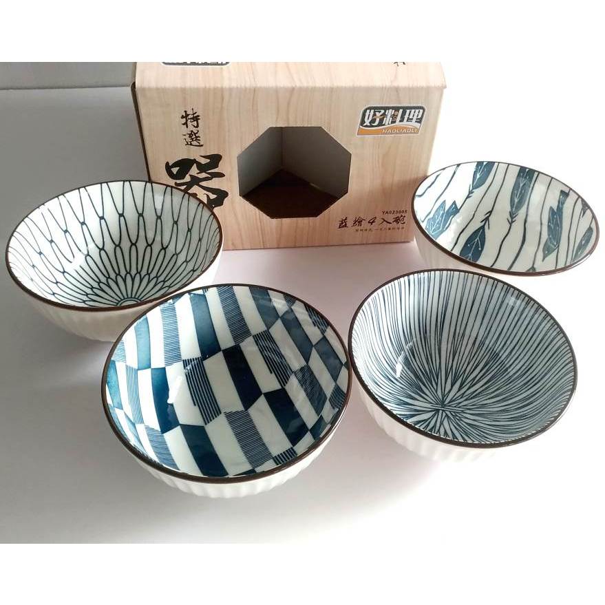 好料理 陶瓷碗禮盒 4碗 高溫 陶瓷 日式 和風 藍繪 飯碗 彩繪 四人份 小家庭 瓷碗 碗 禮盒