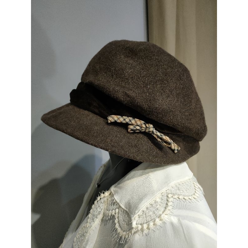 （很新）日本製 英國 DAKS LONDON 棕色 毛料+絲絨 經點格紋蝴蝶結 毛帽（帽圍55 cm 可再調小）