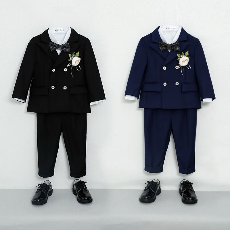 達通-現貨💕90-150兒童黑色西裝 寶寶紳士週歲小西裝 男童純色藍色西裝花童套裝 西裝外套 全家福拍照畢業禮服比賽西服