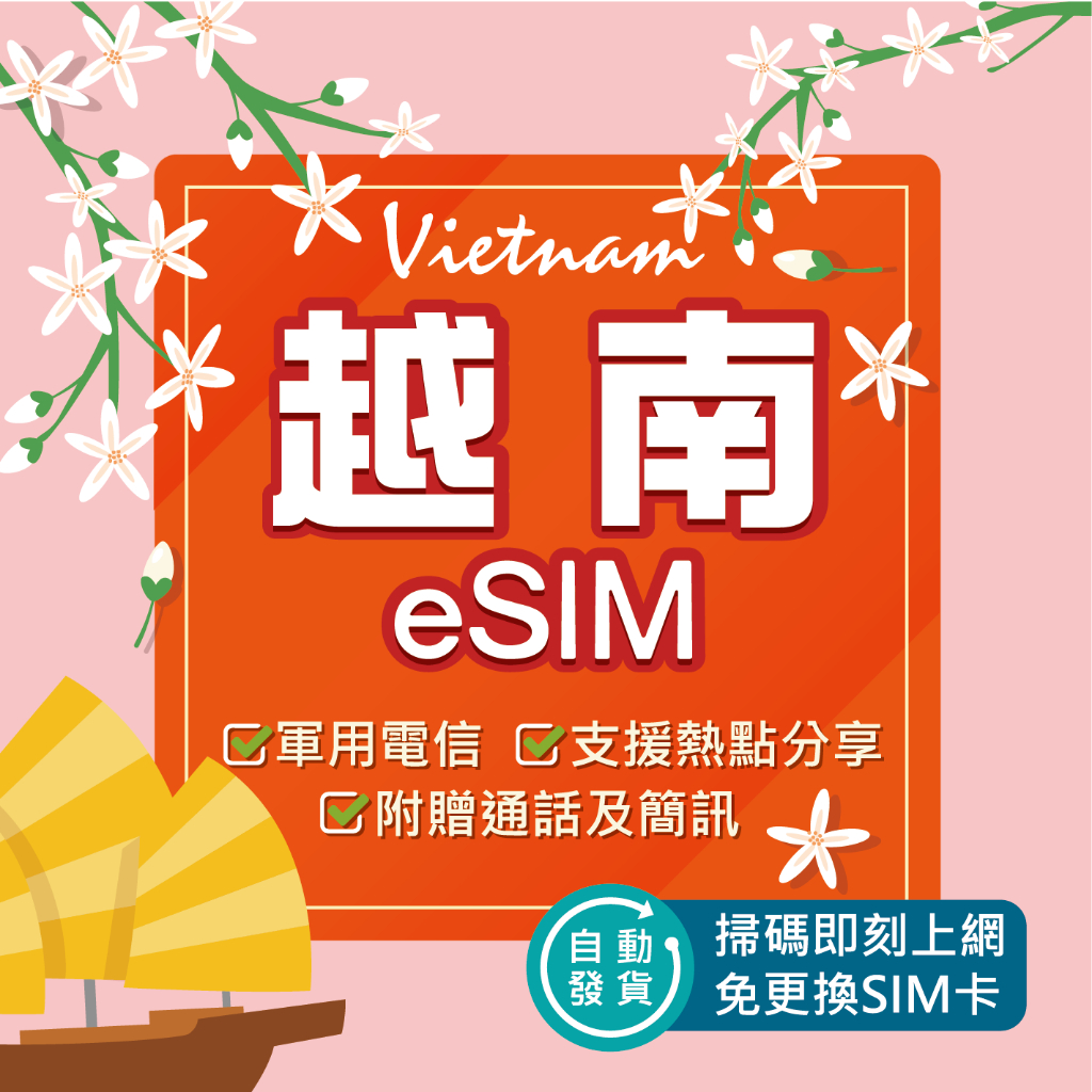 【eSIM 越南】24H自動發貨 免等待免換卡 4G上網吃到飽 esim 越南 網卡 越南esim卡 越南網卡 環亞電訊