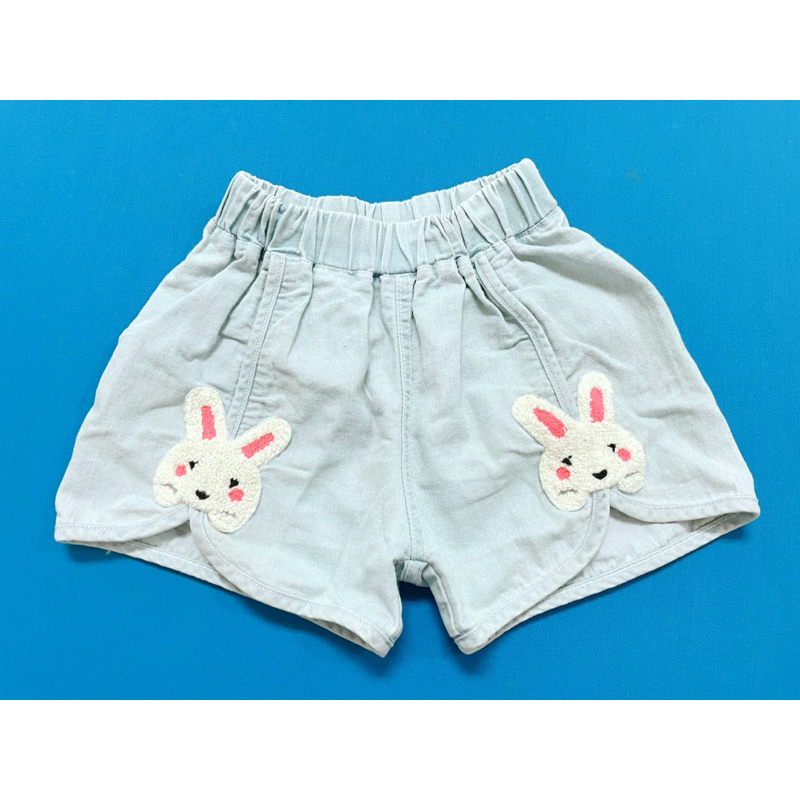 韓版韓系 童裝 女童女生女孩女寶兒童小孩 可愛刺繡兔兔圖案造型牛仔鬆緊短褲 褲子 夏裝 春夏季衣服 二手衣