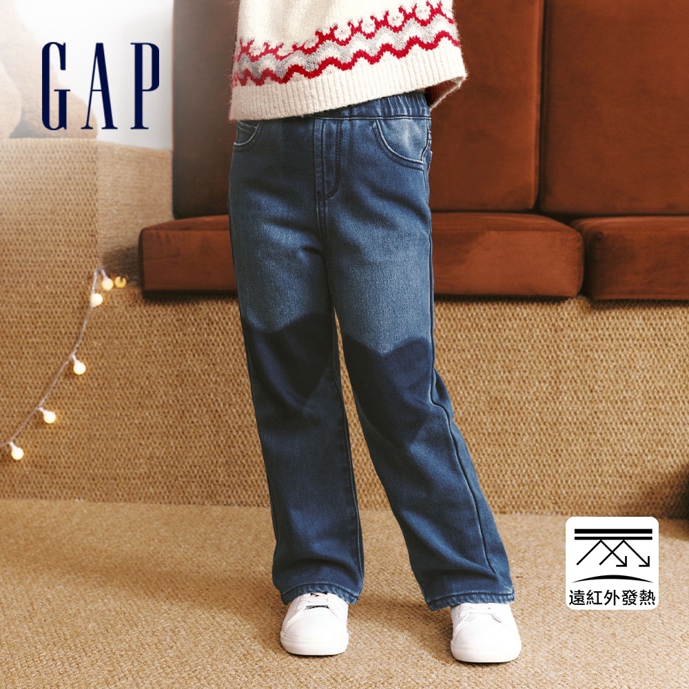 Gap 女幼童裝 刷毛鬆緊喇叭牛仔褲-深藍色(837233)