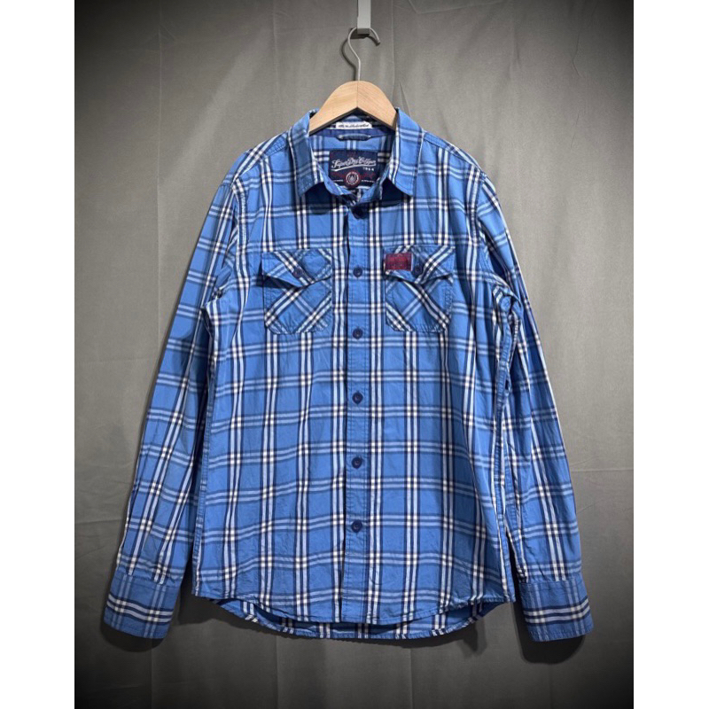 Superdry plaid shirt 修身藍格紋襯衫 男 L