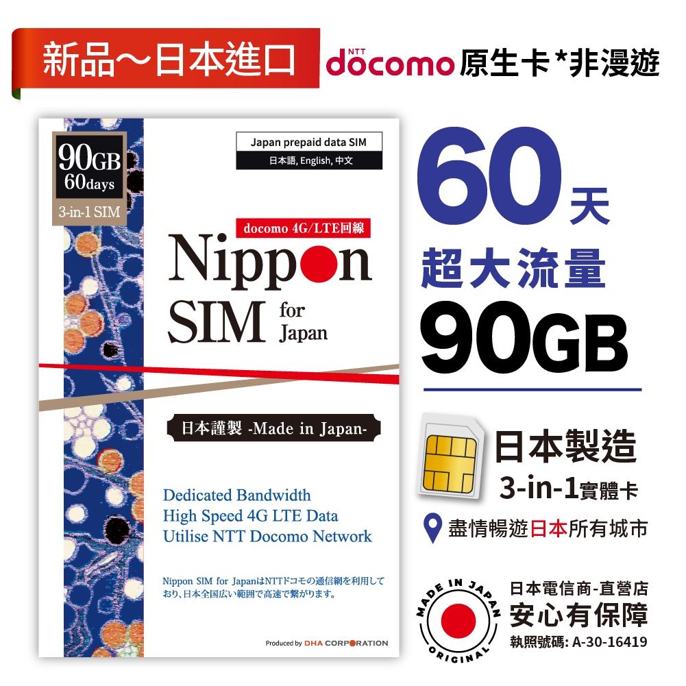 Nippon SIM 日本原生SIM卡 90GB/60天🇯🇵日本製 Docomo 4G/LTE高速網卡 留學 長效期