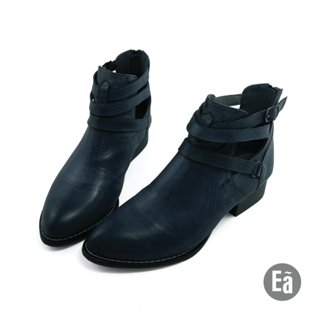 Ea專櫃女鞋 零碼鞋35、36號 微鏤空可調節飾釦短靴 (藍)7861