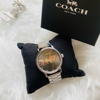 現貨*COACH氣質黑大錶面 玫瑰金馬車logo不鏽鋼銀錶帶時尚腕錶 女錶
