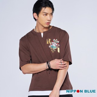 BLUE WAY 日本藍 - 男款 棒系列醒獅達摩假兩件V領短TEE(咖啡)
