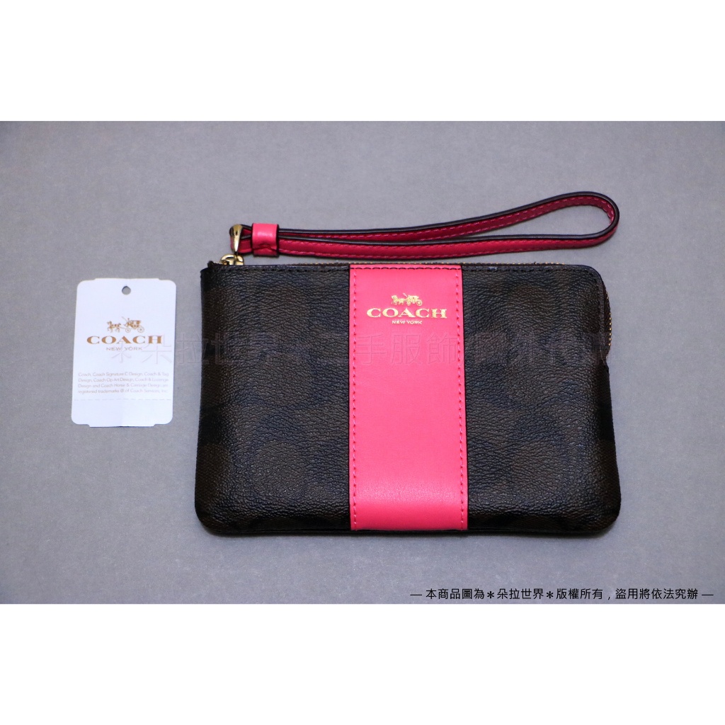 全新正品 COACH 蔻馳 新款馬車C LOGO防刮皮革 手拿包 手機包 桃紅配深咖 F58035