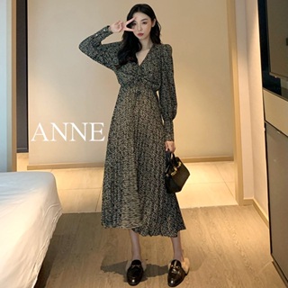 ANNE｜V領碎花泡泡袖百摺洋裝 收腰洋裝 碎花洋裝 【AD10134】泡泡袖洋裝 碎花 百褶裙 百摺洋裝 長裙 連身裙