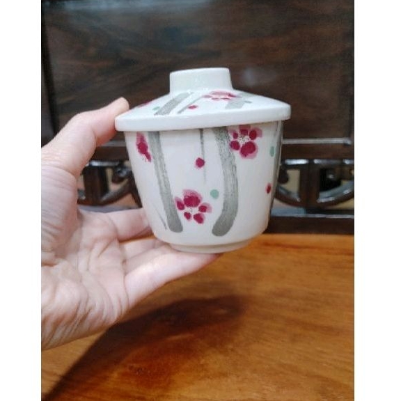 &lt;晴光古藏&gt; 老瓷器 日本瓷器系列- 日本帶回 手繪紅梅蓋杯 茶杯 湯杯 茶碗蒸