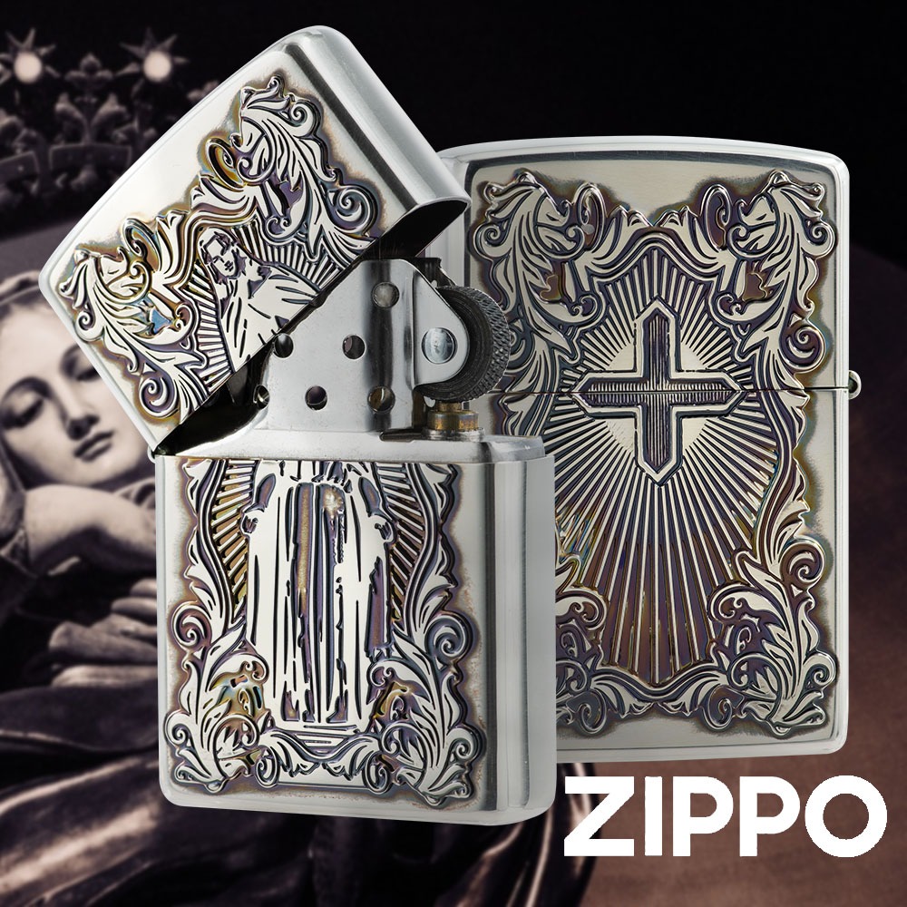 ZIPPO 瑪麗亞&amp;十字架銀色蝕刻防風打火機 ZA-6-O08 貼章技術 堅定的信仰 終身保固