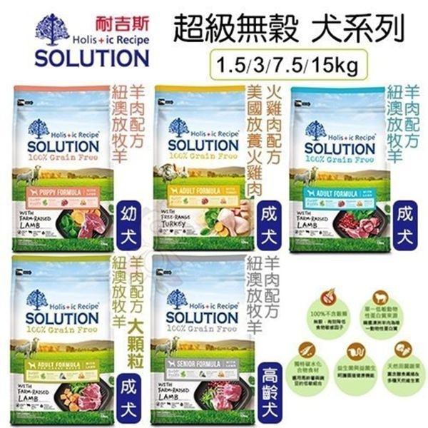 【免運】SOLUTION 耐吉斯 超級無穀犬15kg 幼犬羊肉/成犬火雞/成犬羊肉/高齡犬羊肉 全齡犬『Q寶』