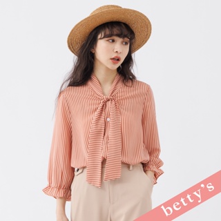 betty’s貝蒂思(31)領綁帶條紋雪紡襯衫(橘色)