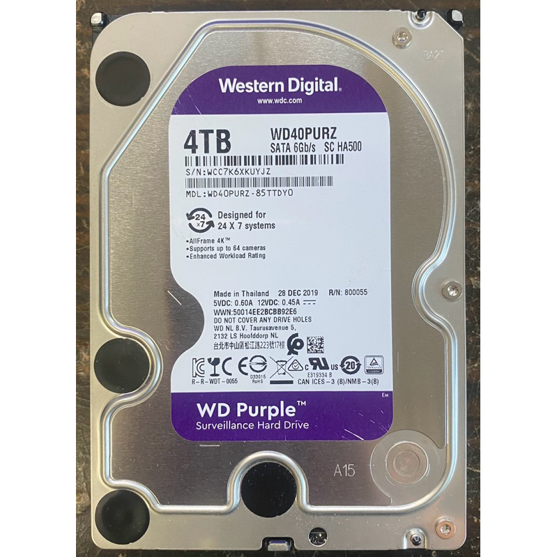 高時數 WD 紫標 4TB 3.5寸硬碟