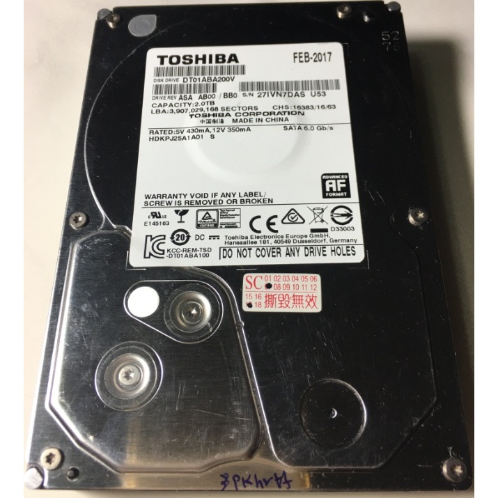 二手良品 TOSHIBA 2TB 3.5吋 SATA 硬碟 DT01ABA200V