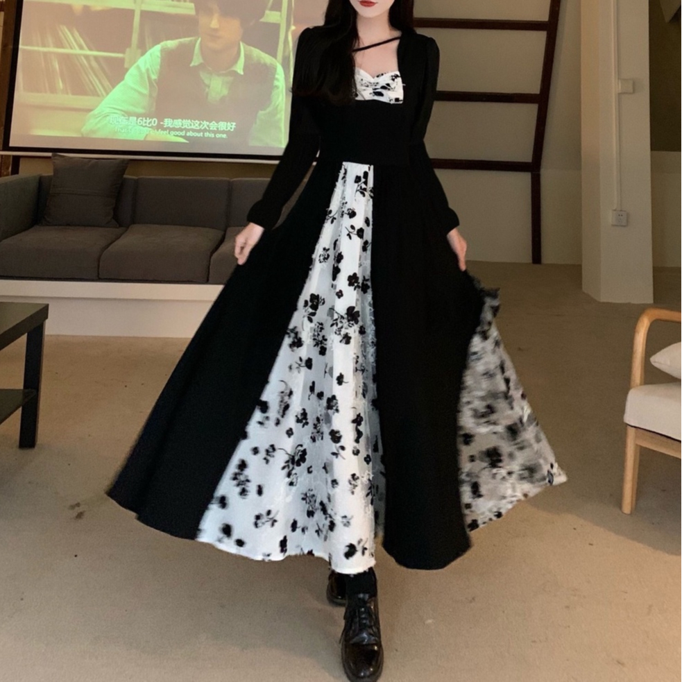 衣時尚 顯瘦方領玫瑰網紗拼接S-XL長袖連身裙女 新款暗黑系赫本風長款洋裝 MB045 9534.