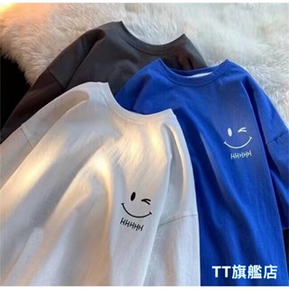 TT旗艦店 M-5XL 韓版夏季衣服 笑臉印花短T 大尺碼上衣 情侶裝 t恤 五分袖 圓領t 男生短袖寬鬆T恤T414