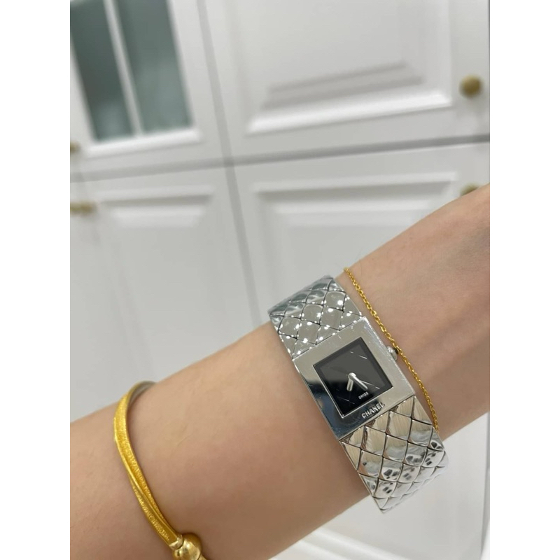 CHANEL Matelasse 銀色方型 菱格紋鍊帶 石英錶 手錶