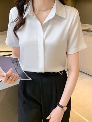 襯衫│透氣不起皺不變形 大尺碼簡約質感短袖襯衫女 免燙暗釦職業裝雪紡襯衫 韓版垂順顯瘦薄款襯衣 夏季素色翻領排扣短袖上衣