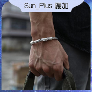 Sun_Plus 台灣現貨 蓮花鍍銀手鐲 復古風做舊仿泰銀霸氣個性酷螺紋男開口荷花手鐲 手鐲 手環 飾品 手鍊