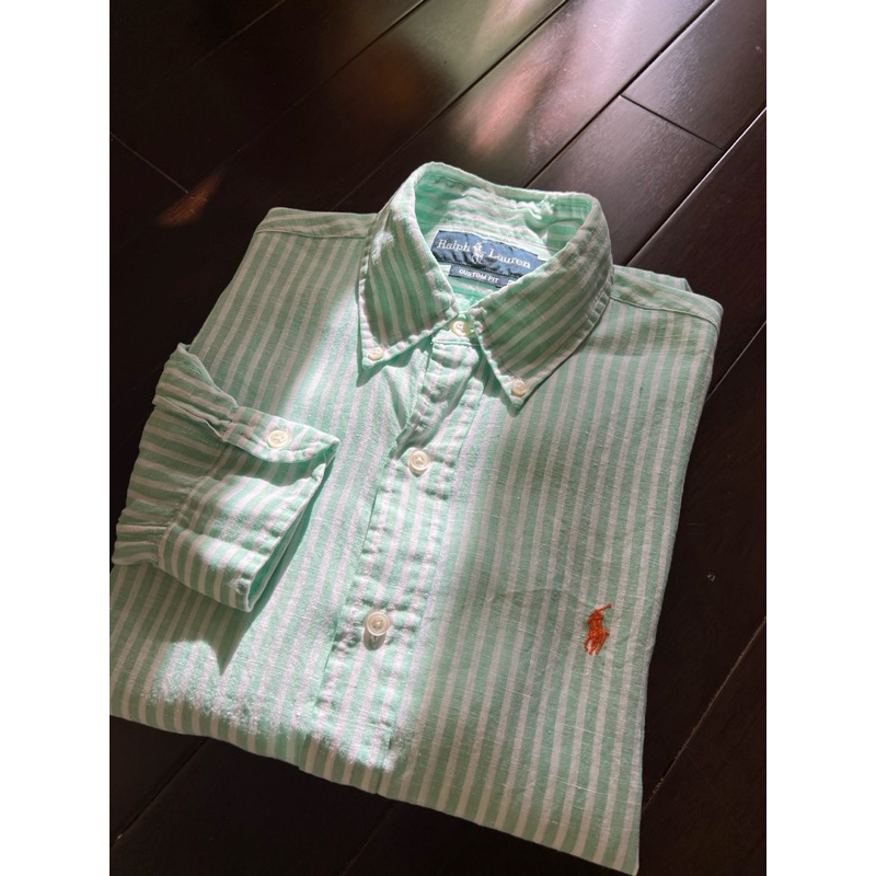 100%麻料 ■ Ralph Lauren ■  條紋 若綠x白色 Ⅰ 襯衫 Ⅰ POLO衫 Ⅰ 小熊