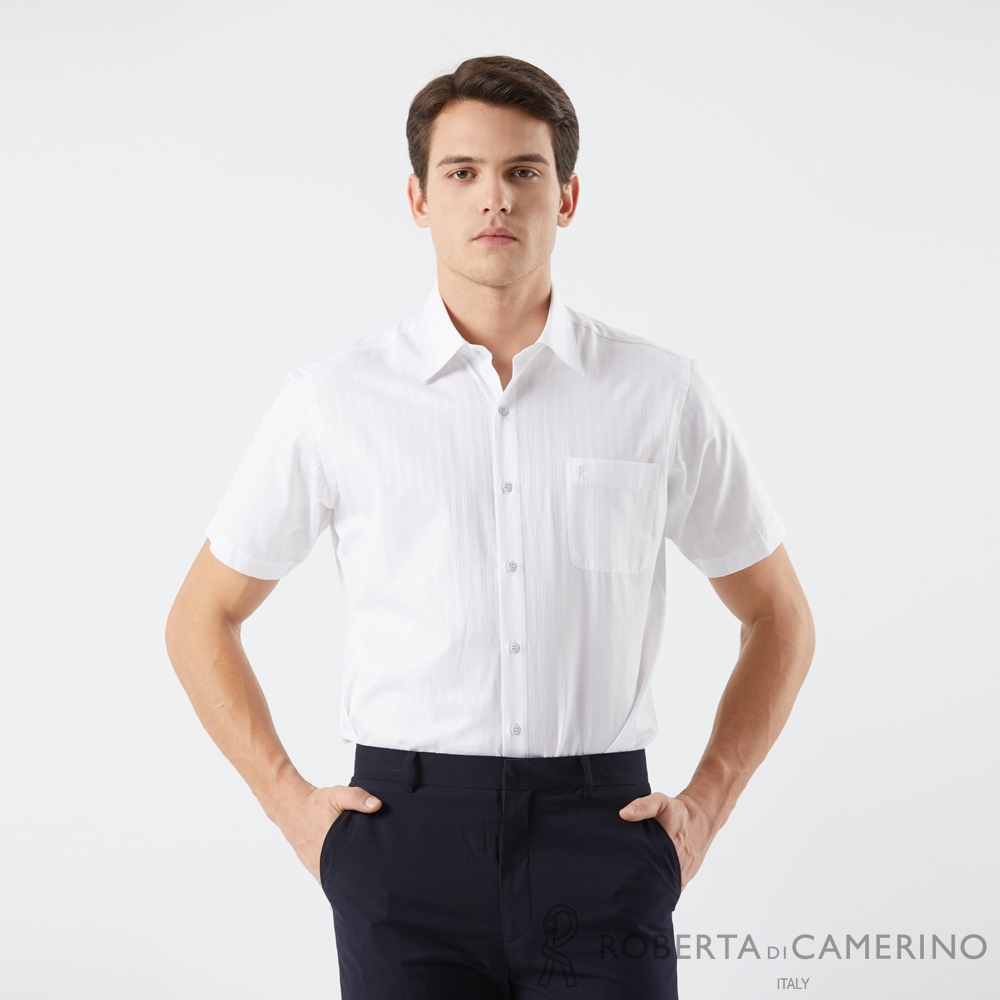 【ROBERTA 諾貝達】男裝 修身條紋短袖白襯衫(休閒商務) RCK29-91