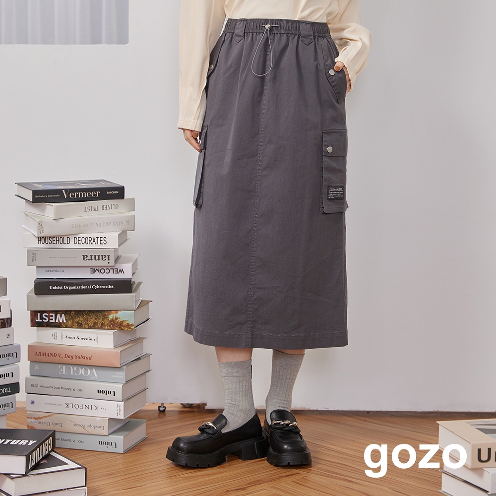 【gozo】率性抽繩大口袋工裝裙(深灰/綠色_F) | 女裝 修身 休閒