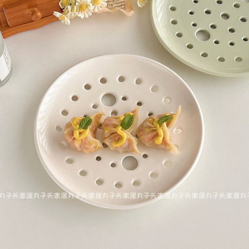 韓國ins風 簡約陶瓷餃子盤 多孔蒸盤 圓形蒸碟 瀝水盤帶孔蒸碗