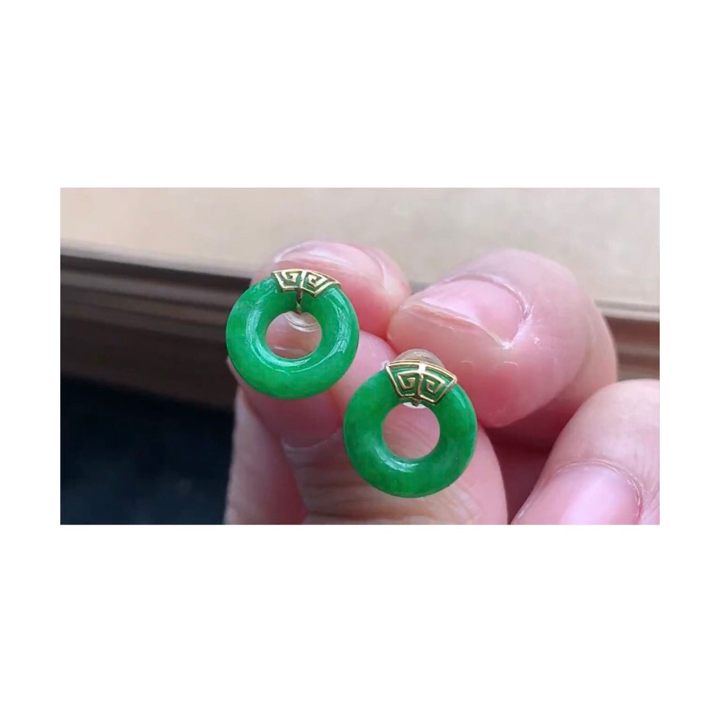 陽綠甜甜圈耳環❤️a貨翡翠18k