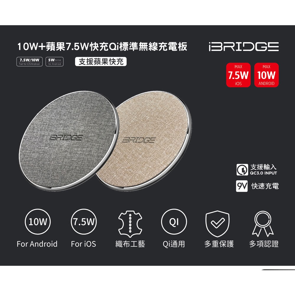 iBRIDGE 10w/7.5w 超薄型快充無線充電盤 (支援蘋果快充) 現貨