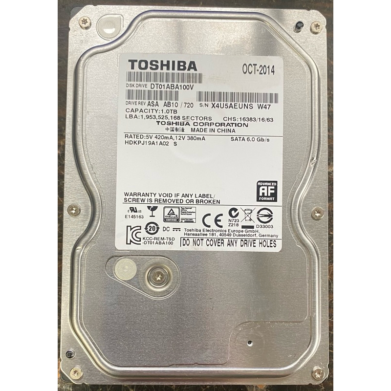 高時數 東芝 TOSHIBA 1TB 3.5寸硬碟