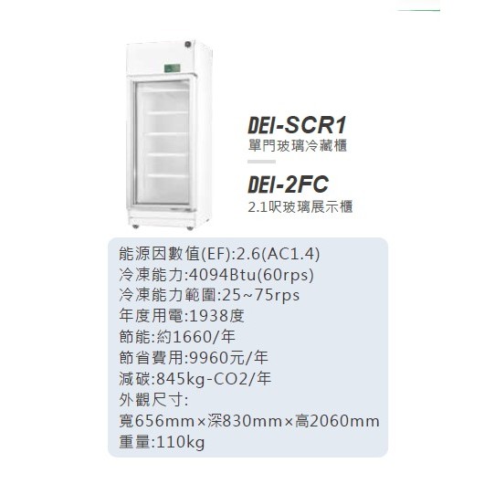 變頻 冷藏冰箱 DEI-SCR1 得意 節能單門玻璃 冷藏展示櫃  變頻 風冷