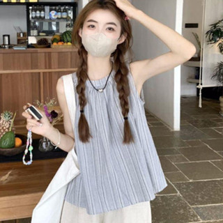 ✨ 四葉幸運草~* ✨4254時尚炸街套裝 豎田園風💗條紋無袖 背心上衣 女 寬鬆💗闊腿短褲兩件套 無袖上衣 短褲 休閒
