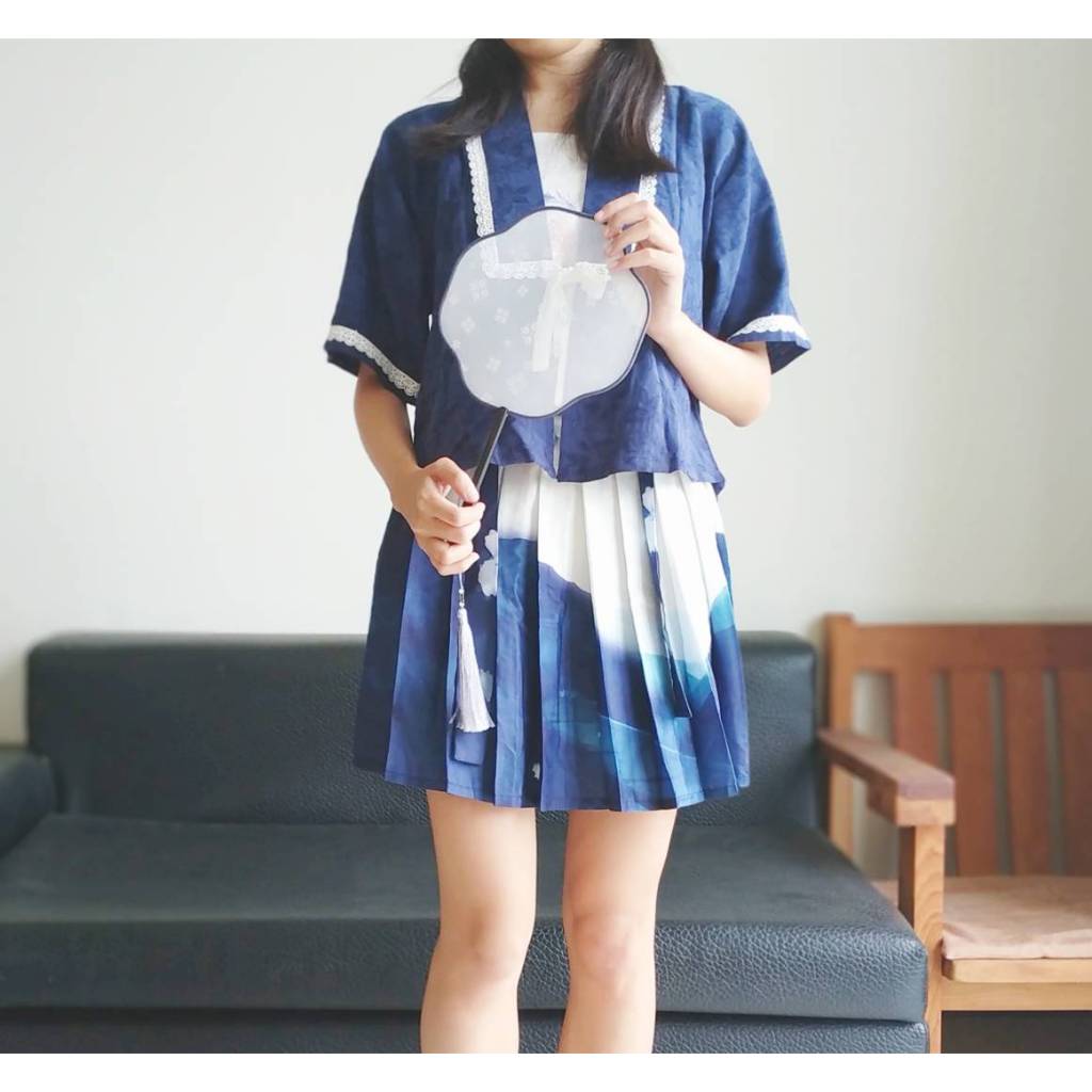 【漢服漢元素二手】自搭配深藍色漢元素短裙套裝