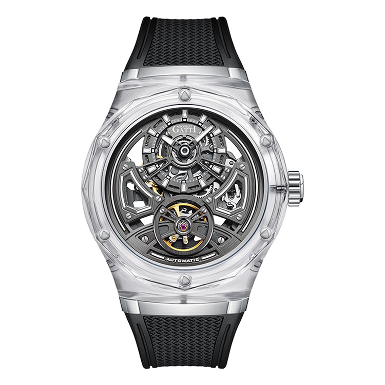 BONEST GATTI布加迪 圓形透明殼 簍空面盤 黑色氟橡膠錶帶 自動上鍊機械腕錶