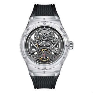BONEST GATTI布加迪 圓形透明殼 簍空面盤 黑色氟橡膠錶帶 自動上鍊機械腕錶