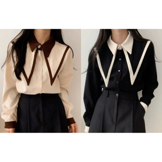 【ʟɪᴏɴɴ現貨】韓系黑色杏色寬鬆襯衫上衣 春季穿搭 襯衫上衣 修身顯瘦 女生上衣 打底上衣 長袖上衣 學院風上衣