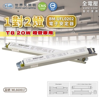 [喜萬年] 世界光 電子安定器 BM-UFL0202 T8 T9 FL18W 20W 2燈 全電壓 預熱式 安定器 燈