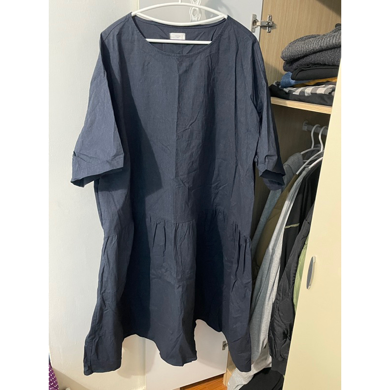 【斷捨離便宜賣】正韓 全新 YOOM 藍黑色 極寬鬆 硬挺 短袖洋裝
