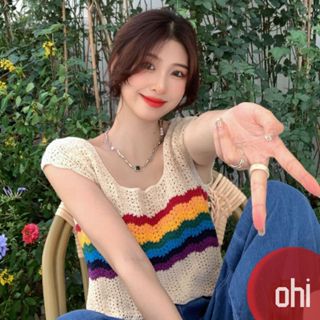 【ohi】彩虹條紋針織吊帶背心女修身外穿 無袖上衣上衣 小可愛 女裝 背心女 衣服GTD3291