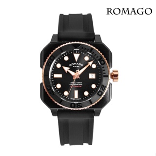 ROMAGO | 瑞士原廠平輸手錶 專業潛水錶 方中帶圓 黑框 黑面 黑色橡膠錶帶 自動上鍊機械錶