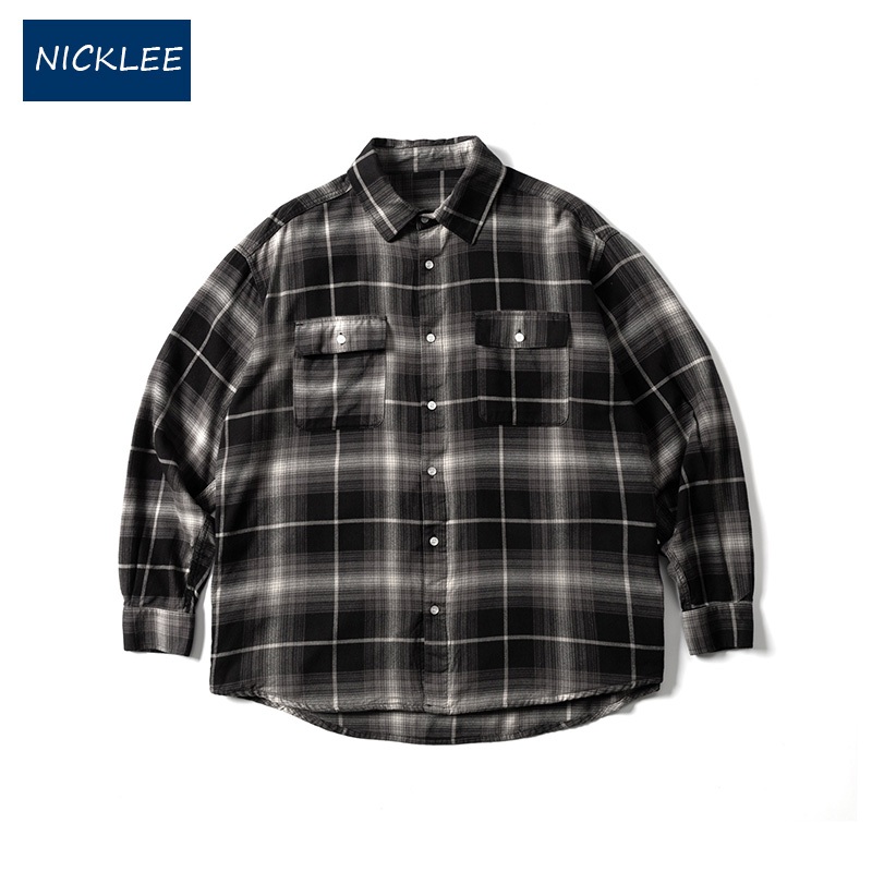 NICKLEE 日系 寬鬆 定織漸層格紋長袖襯衫 輪廓 休閒 外套 襯衫374
