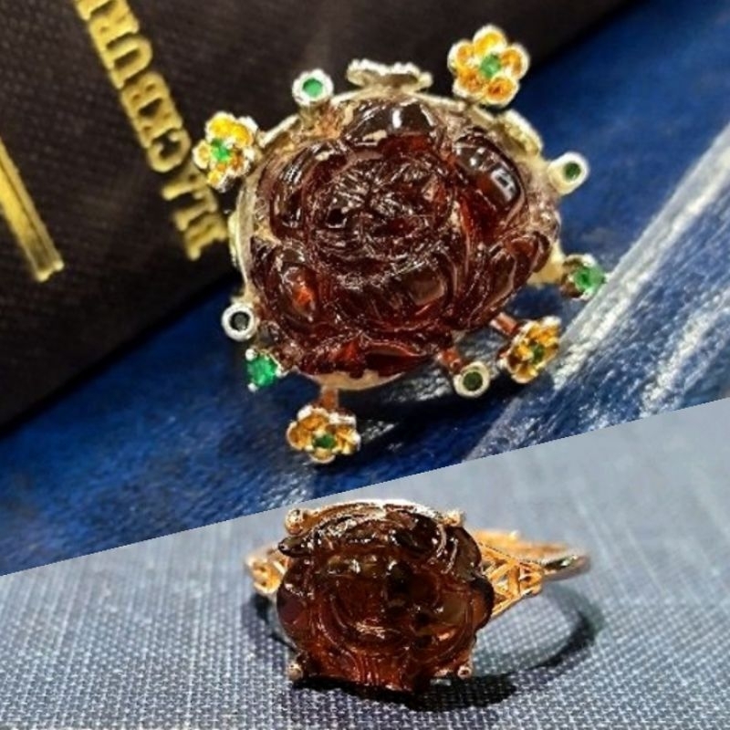 特價秒🇬🇧 英國帶回英國Harrods天然血珀琥珀手工雕刻925純銀戒指指圈復古風古董