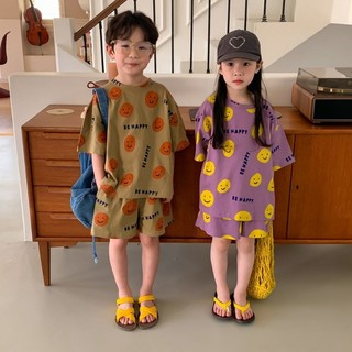 🌺FiFi小舖🌺台灣現貨，韓版春夏秋兒童兩件式家居套裝，幼童兩件式套裝，男童女童睡衣褲，兒童牛奶絲笑臉休閒服T恤短袖短褲