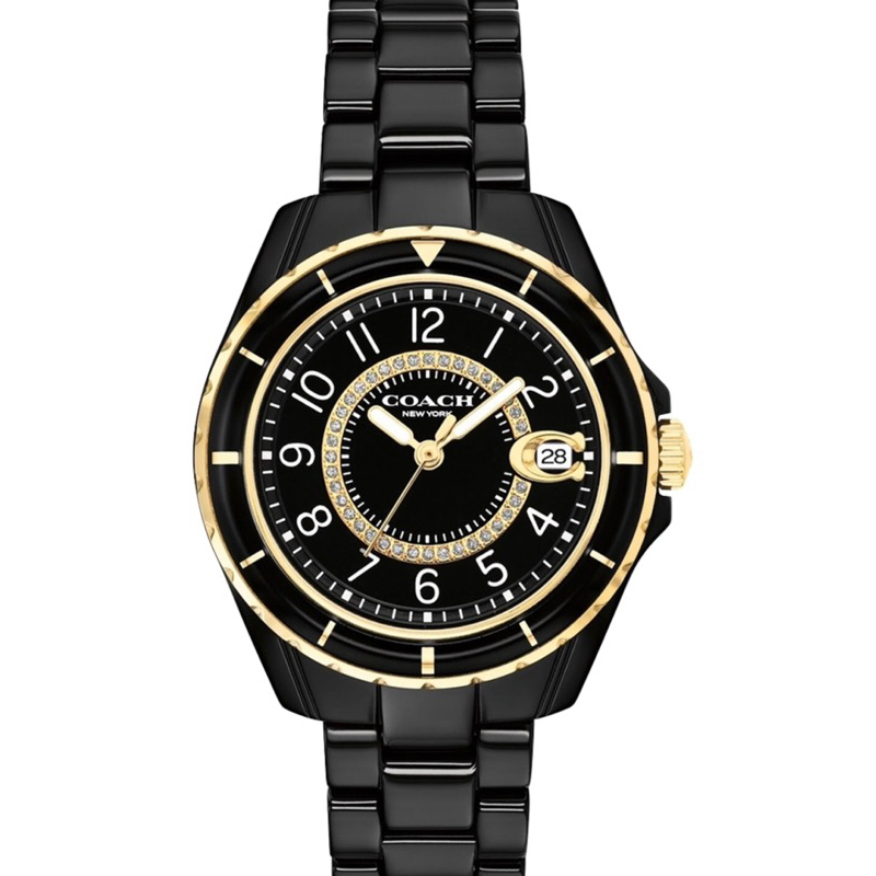 COACH 公司貨小香風水鑽數字刻度黑陶瓷腕錶/女 CO14503461
