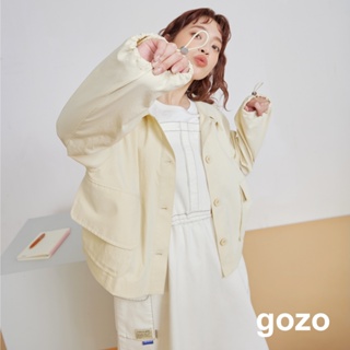 【gozo】➤微皺大口袋翻領連帽上衣(米黃/深卡其_F) | 女裝 襯衫領 休閒