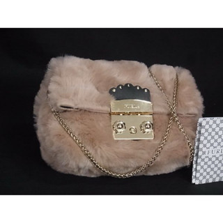 二手正品 FURLA 毛毛鏈條斜肩肩包斜揹包 粉紅色