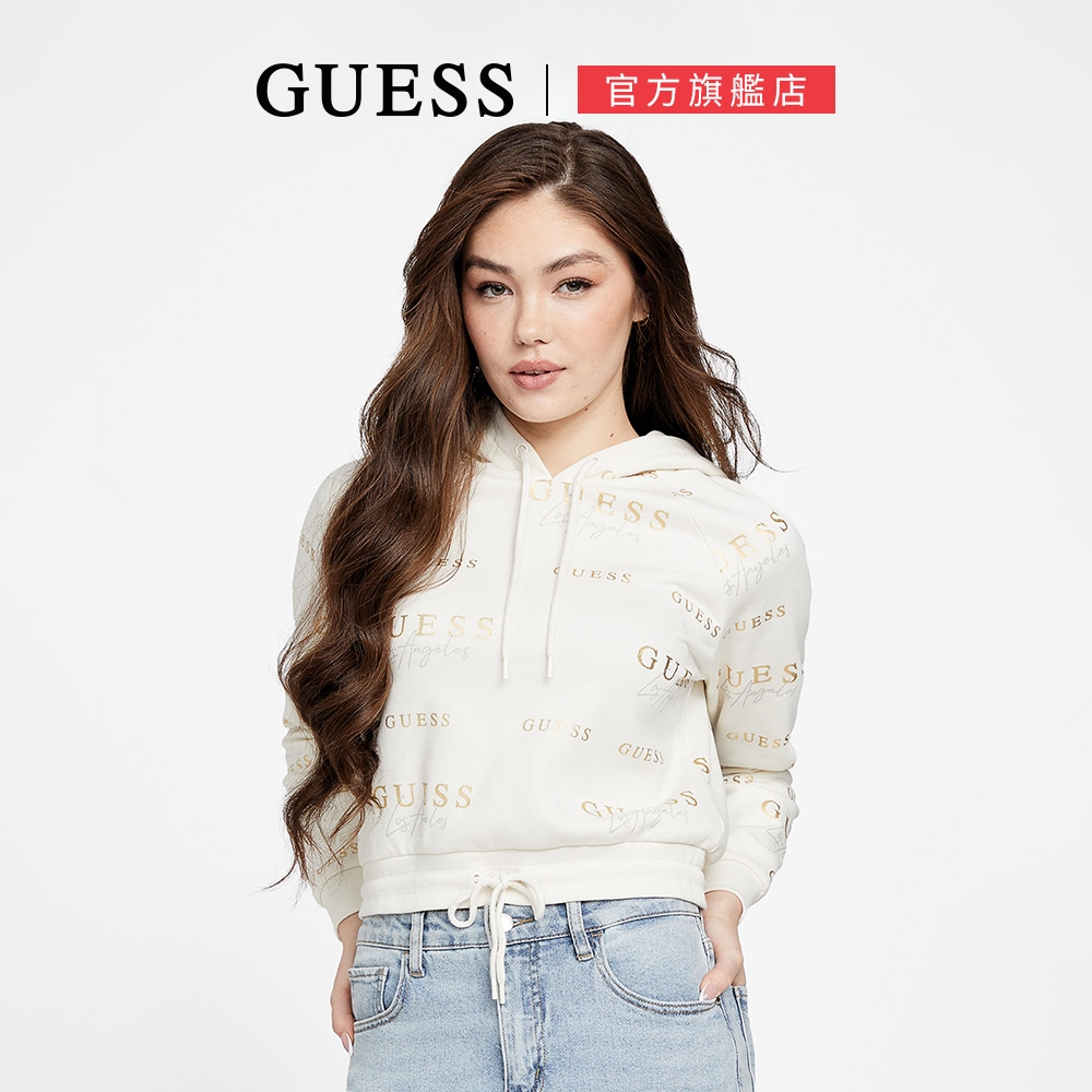 【GUESS】滿版LOGO抽繩短版帽T-兩色任選