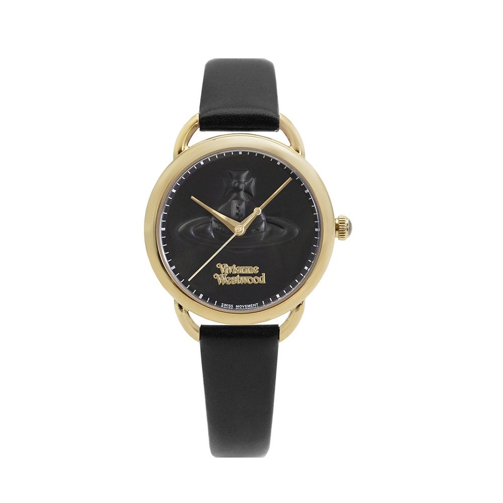 Vivienne Westwood 金框 黑面 經典LOGO土星 浮雕錶盤設計 黑色皮革錶帶 腕錶 手錶